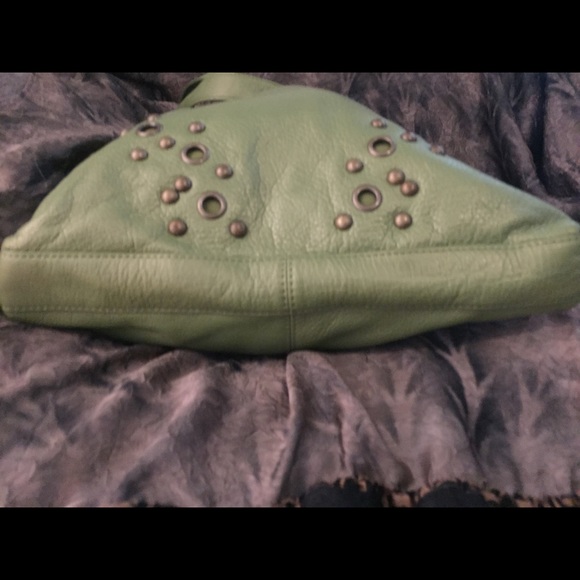 Hobo leather bag, green, tote, brass accents - Picture 5 of 8